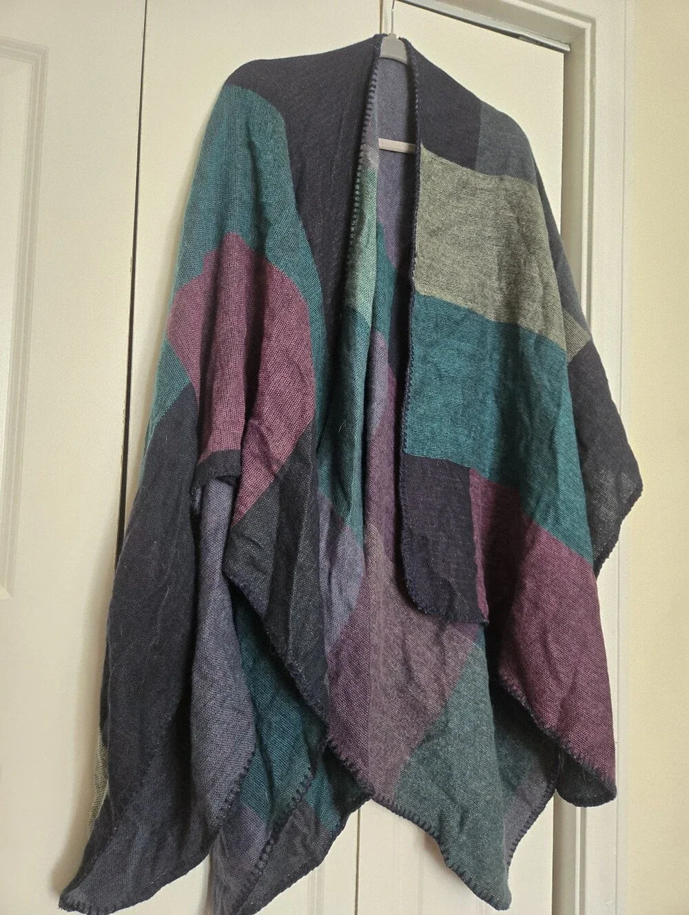 Colorblock Knit Poncho Sweater - Teal, Purple & Navy